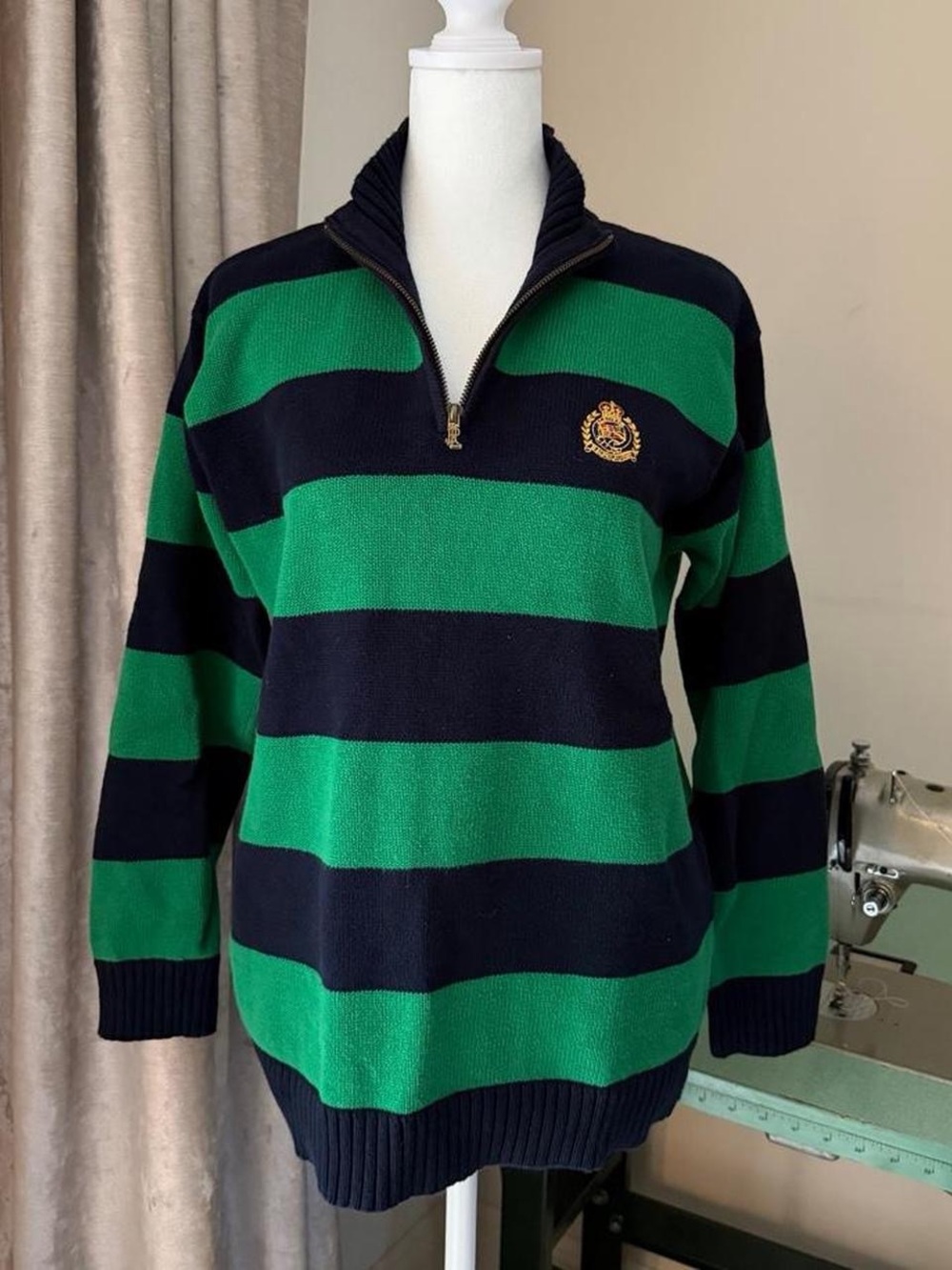 Ralph Lauren classic green& navy striped quarter zip knit sweater size P - Picture 5 of 5